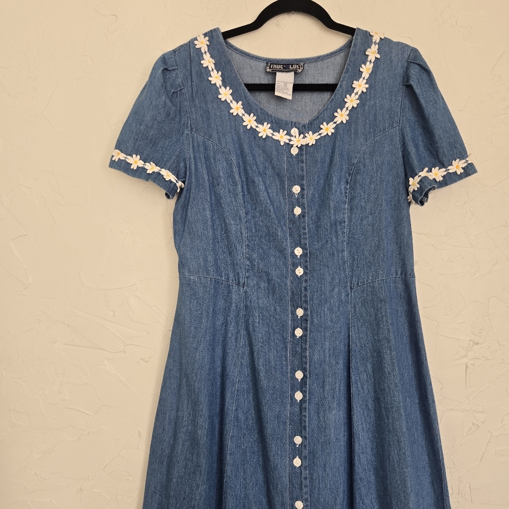 Vintage Daisy Trim Denim Jean Button Front Midi Dress, M - Picture 3 of 11
